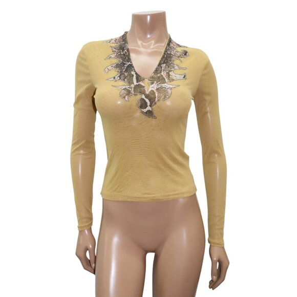 Y2K Gold Long Sleeve Sheer Top Snakeskin Shimmer Detail S/M - Picture 1 of 7